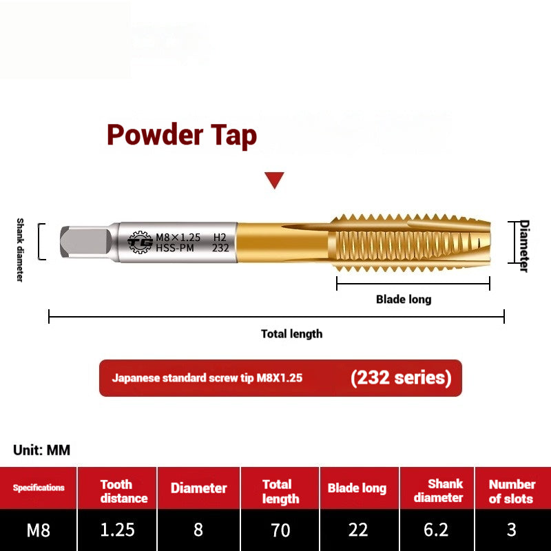 1103-Powder metallurgy high-speed steel tap 232 titanium-plated screw tip stainless steel machine tap Japanese standard apex tap Shandong Denso Pricision Tools Co.,Ltd.